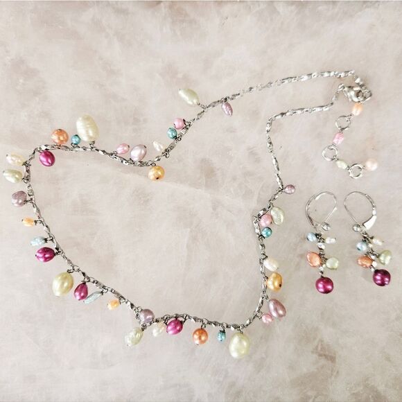 Artisan Jewelry - Vintage Demi Parure Multicolor Freshwater Baroque Pearl Necklace & Earrings Set
